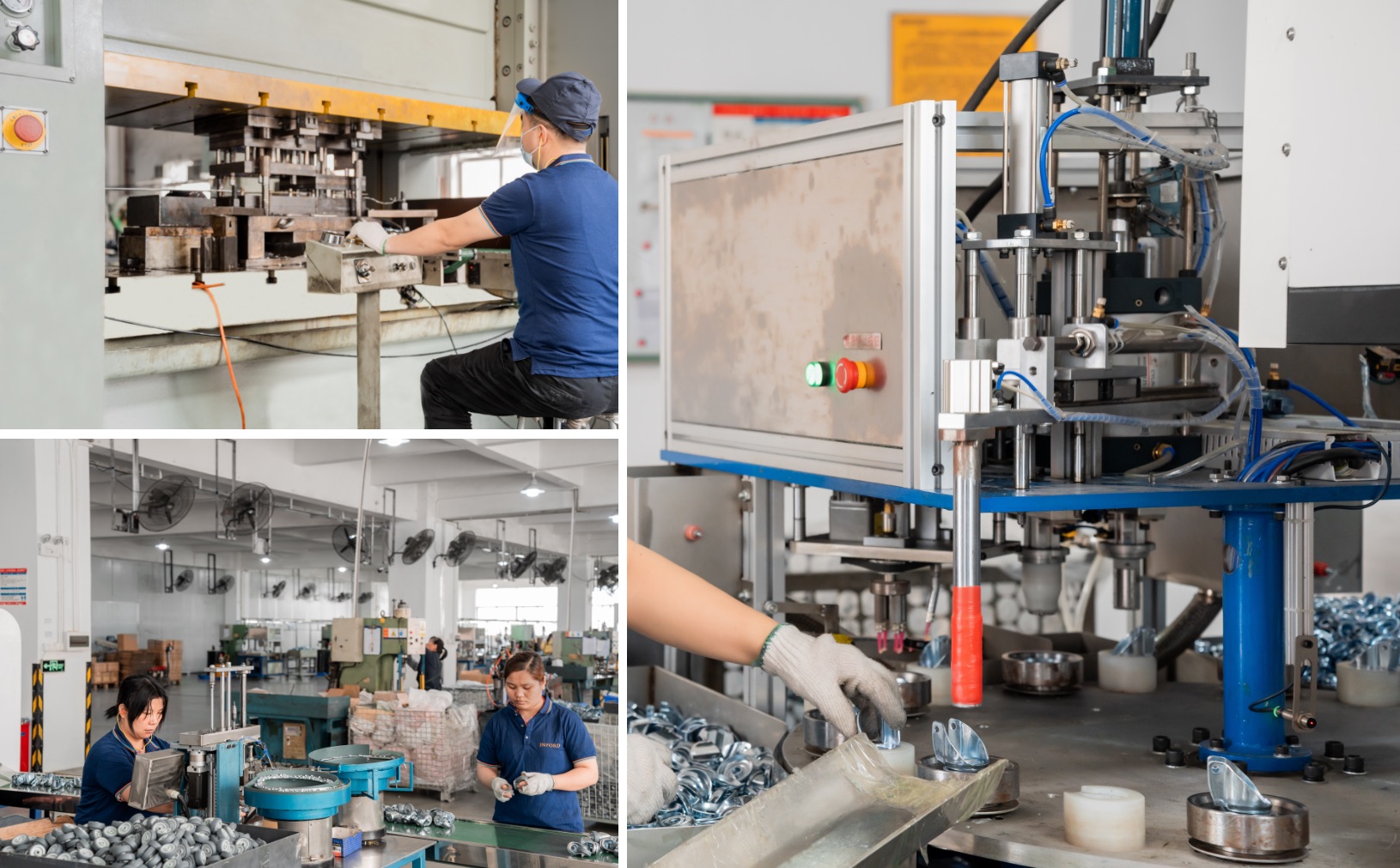 Employees operating a double point punching machine