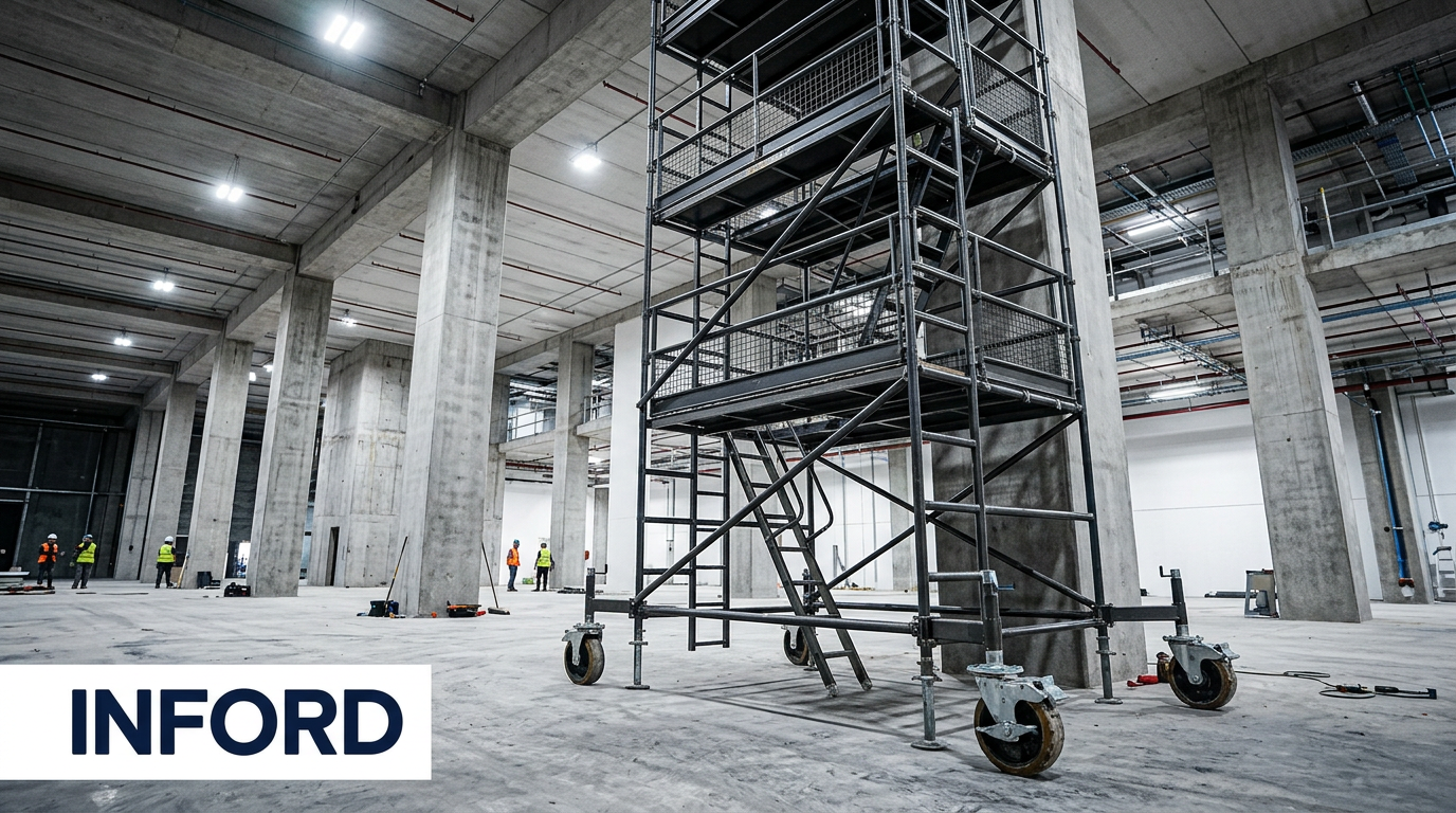 Mobile Scaffolding With Caster Wheels On Construction Site