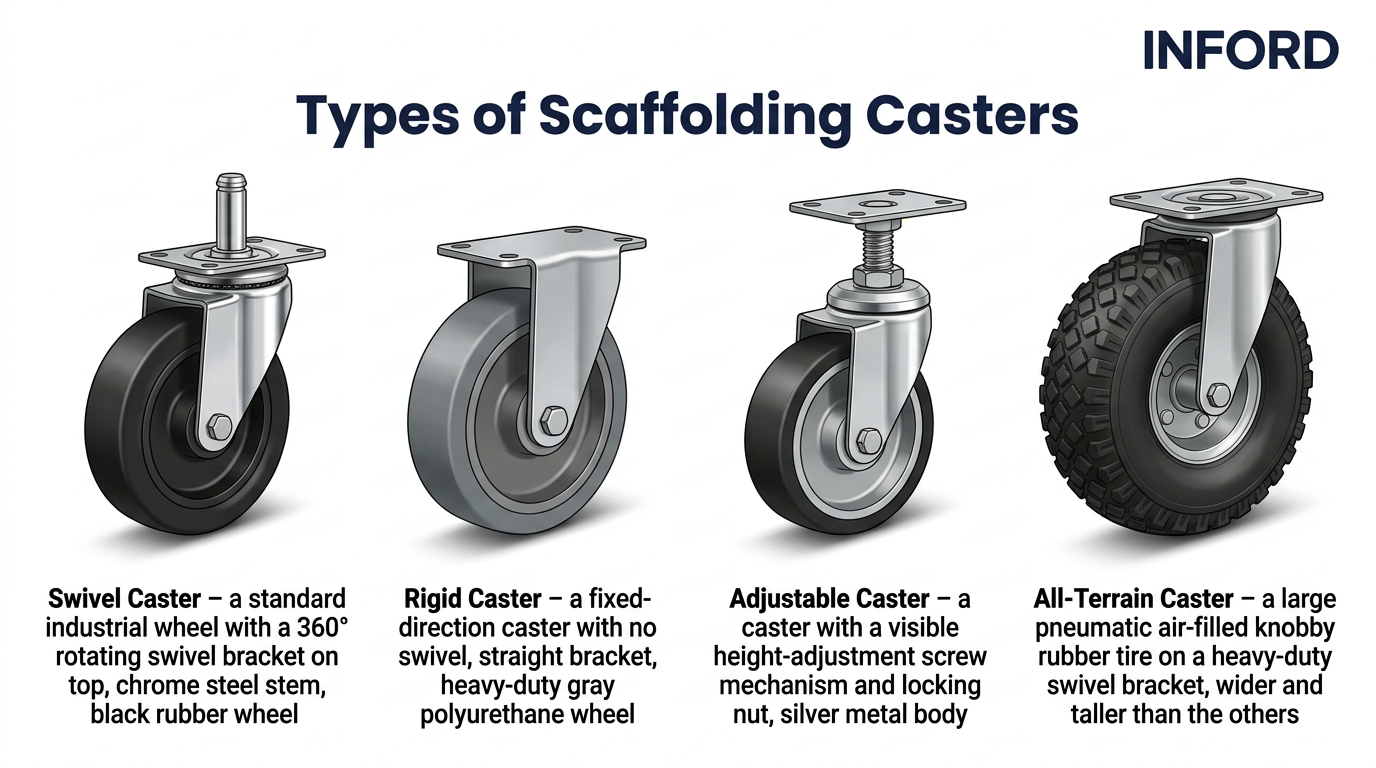 Scaffolding Caster Types Swivel Rigid Adjustable All Terrain