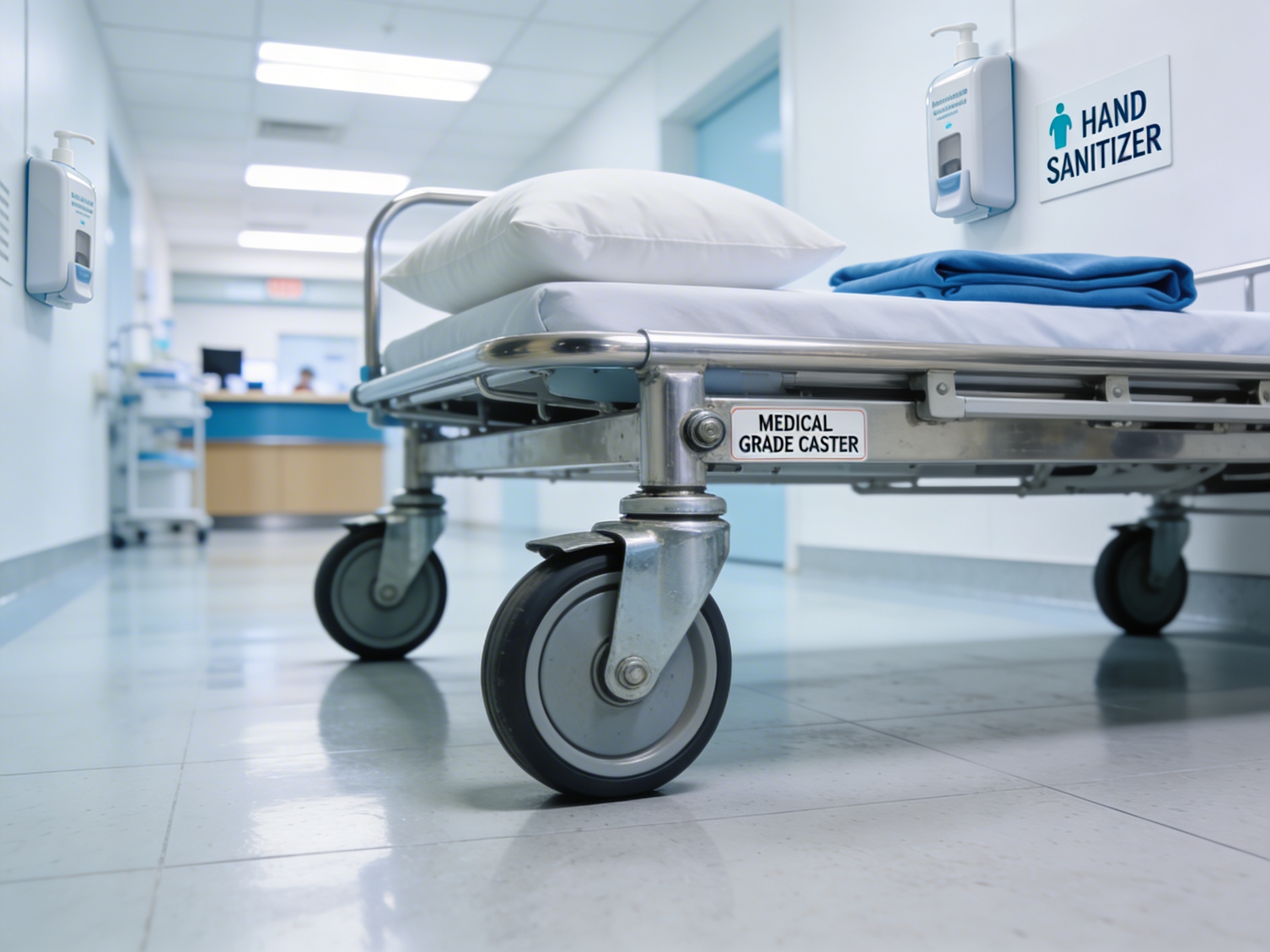 medical caster wheels on hospital bed in corridor