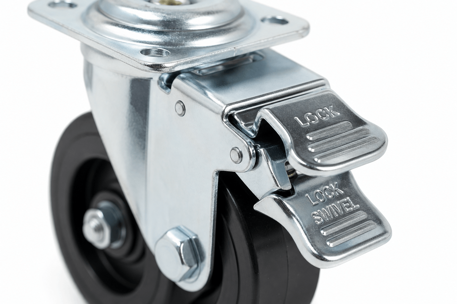 Total Lock Caster Wheel With Brake Engaged Close Up